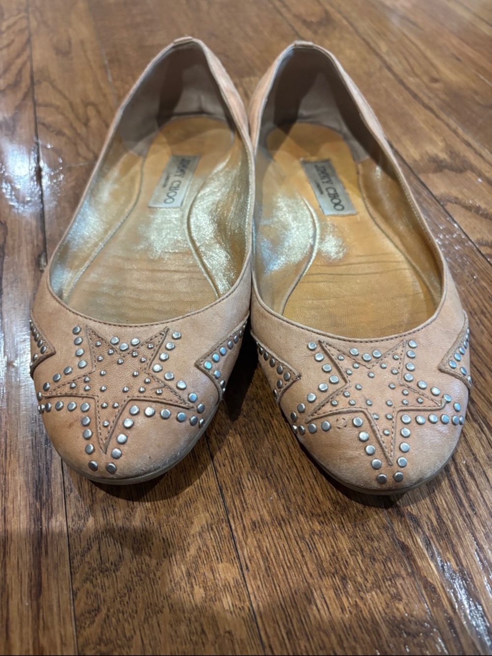 Jimmy choos leather flats tan and silver S…